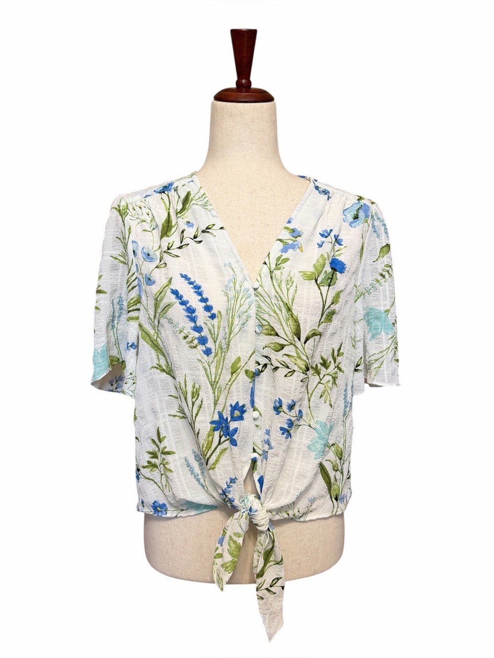Haver London Floral Tie-Front V-Neck Blouse - Blue/Green Med #2318